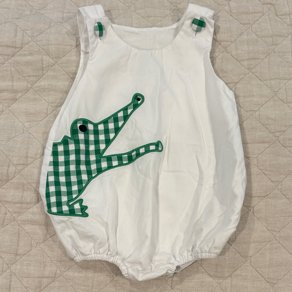 White Cecil and Lou Baby Boy Bubble with Embroidered Green Gingham Alligator
